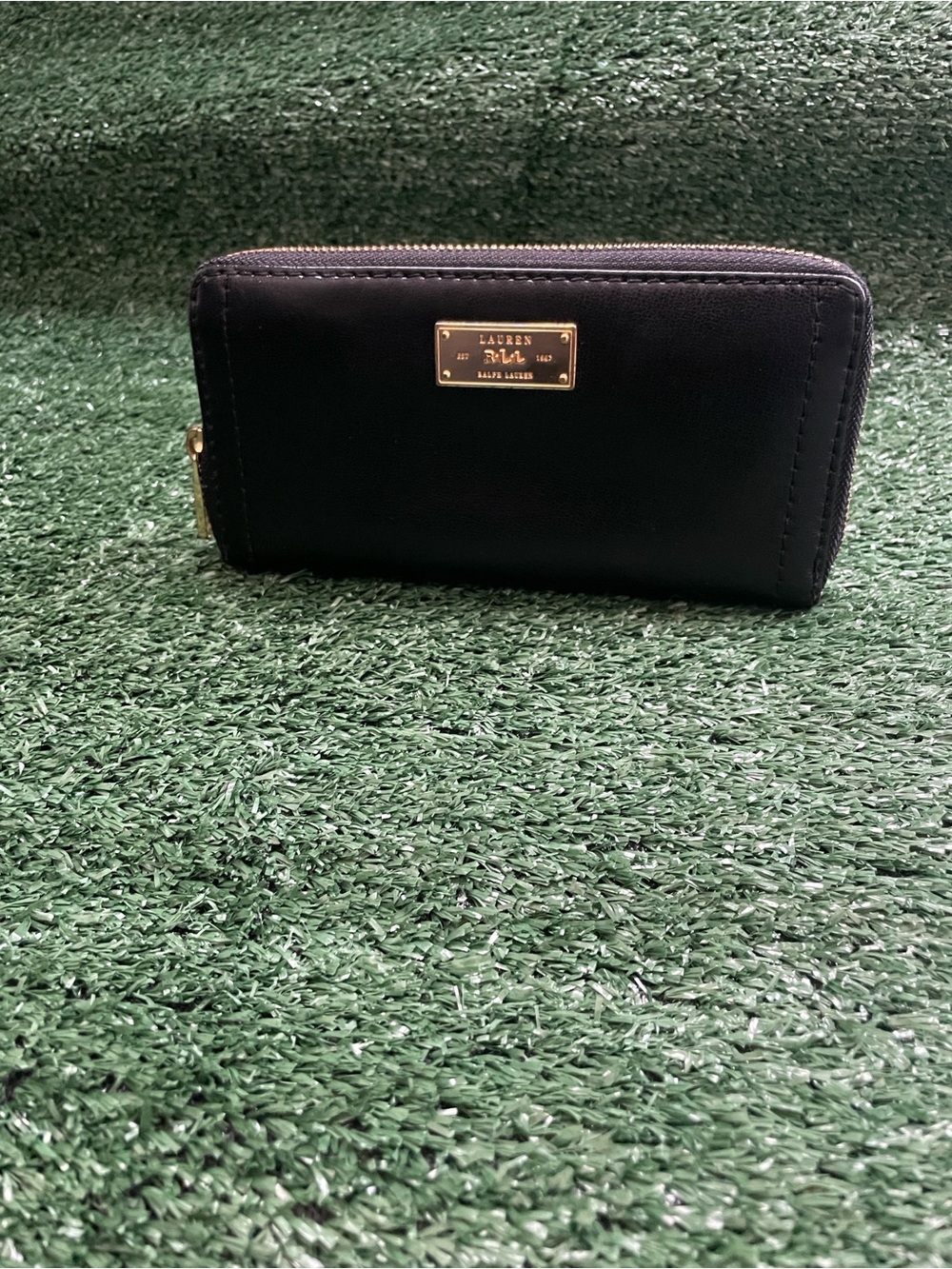 Lauren Ralph Lauren Black Leather Zip-Around Card Holder Gold Plaque